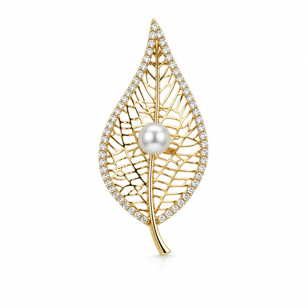 Elegante goldene Blatt Brosche mit schimmernder Perle und funkelnden Strasssteinen für Damen, Hochzeit und festliche Anlässe
