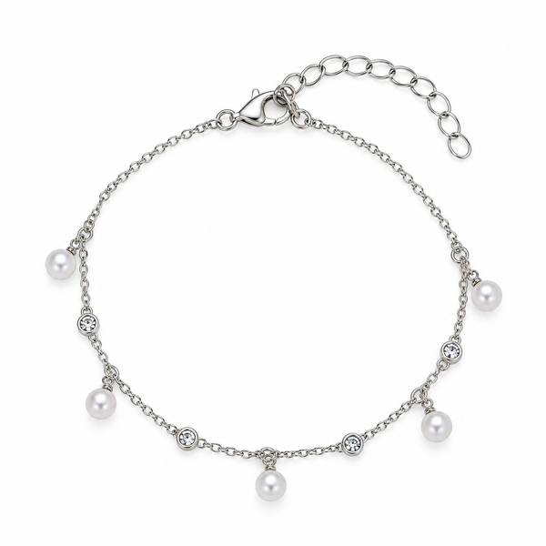 Damenarmband aus 925 Sterling Silber mit echten weißen Süßwasserperlen, funkelnden Zirkonia-Steinen und Verlängerungskette.