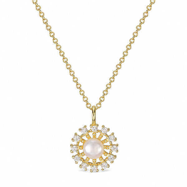 Luna Kette in Gold mit rundem Anhänger, weißer Perle und funkelnden Zirkonia-Steinen