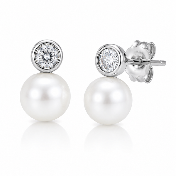 Silberfarbene Damen Perlenohrringe mit rundem Zirkonia und weißer Perle